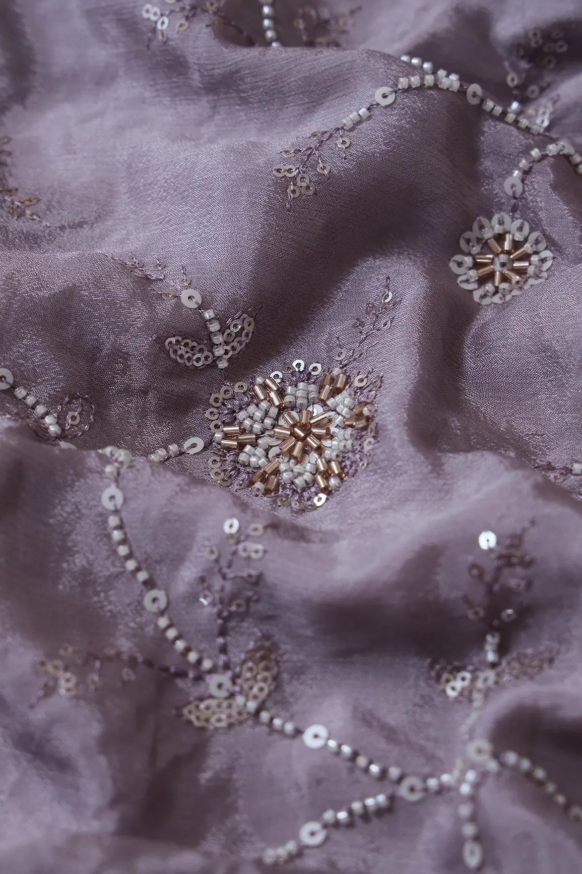 White Beads And Sequins Floral Embroidery On Fossil Grey Chinnon Chiffon Fabric