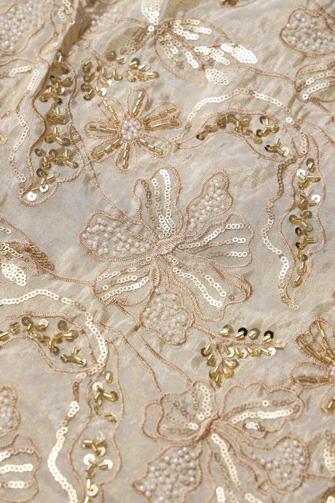 Heavy Gold Sequins With Beads And Beige Thread Floral Embroidery On Dyeable Viscose Zari Tissue Fabric