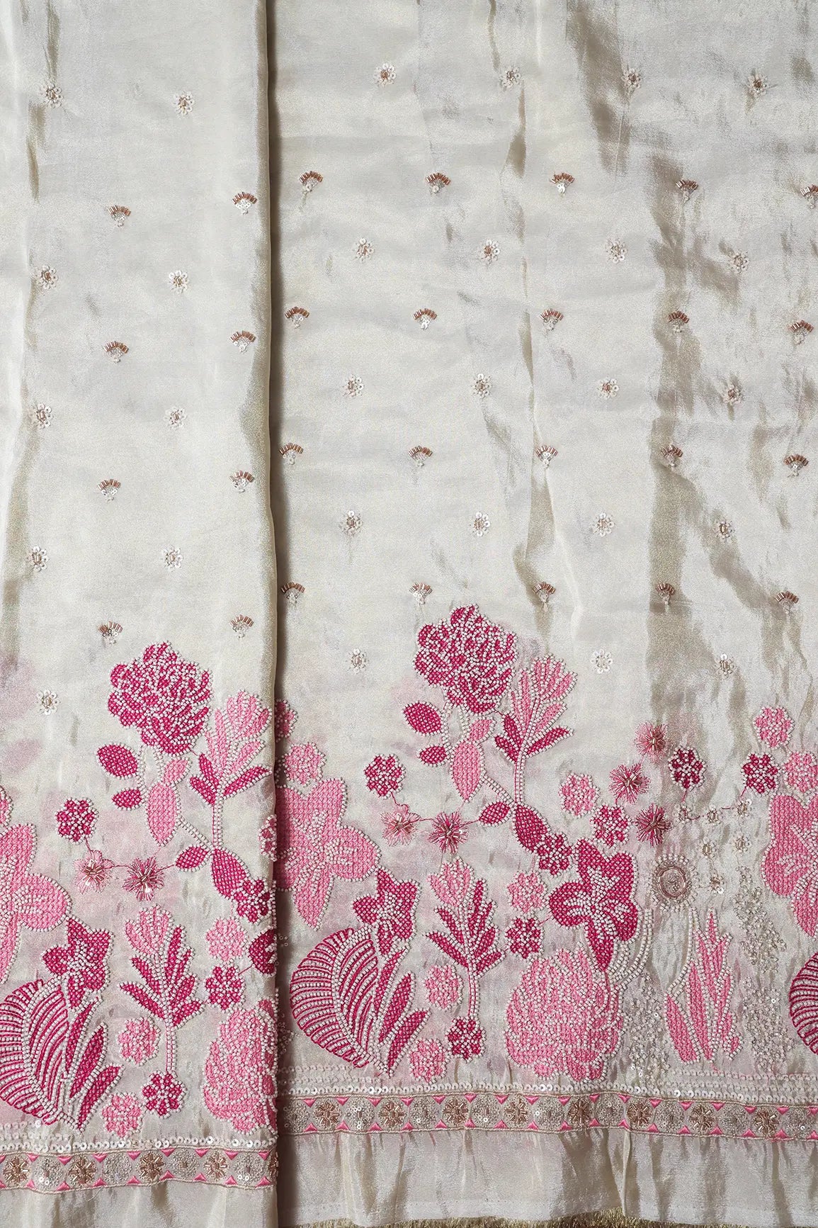 Big Width 56 White Beads With Sequins Floral Embroidery On Dyeable Viscose Zari Tissue Fabric With Border