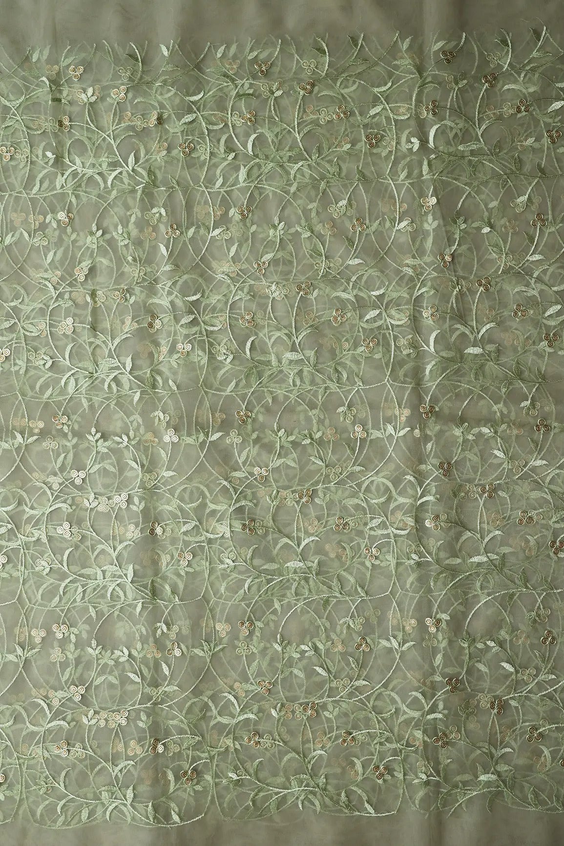 Olive Thread With Sequins Floral Leafy Embroidery Work On Light Olive Soft Net Fabric