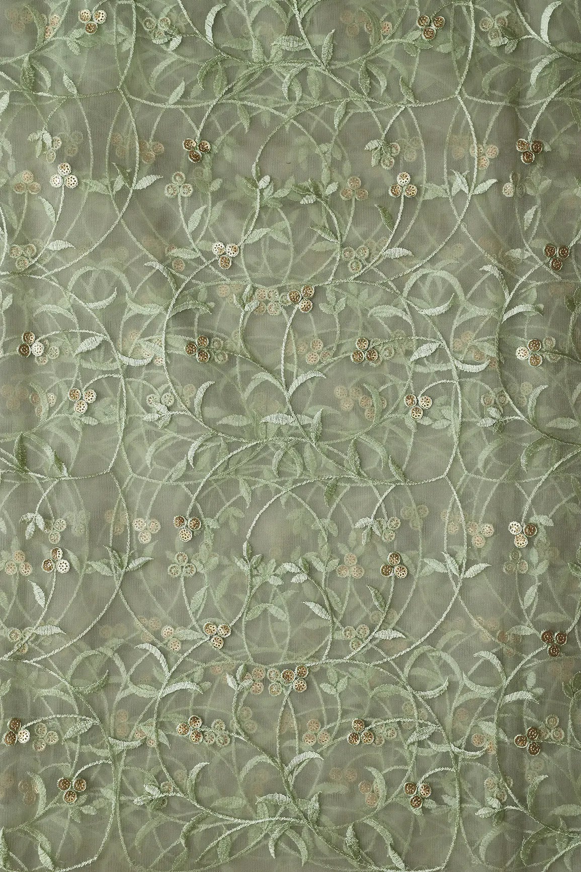 Olive Thread With Sequins Floral Leafy Embroidery Work On Light Olive Soft Net Fabric