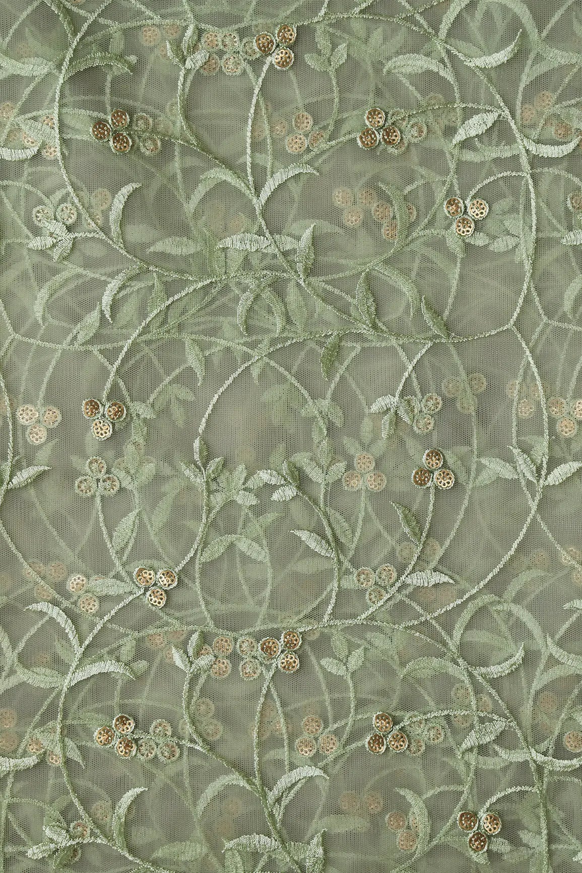 Olive Thread With Sequins Floral Leafy Embroidery Work On Light Olive Soft Net Fabric