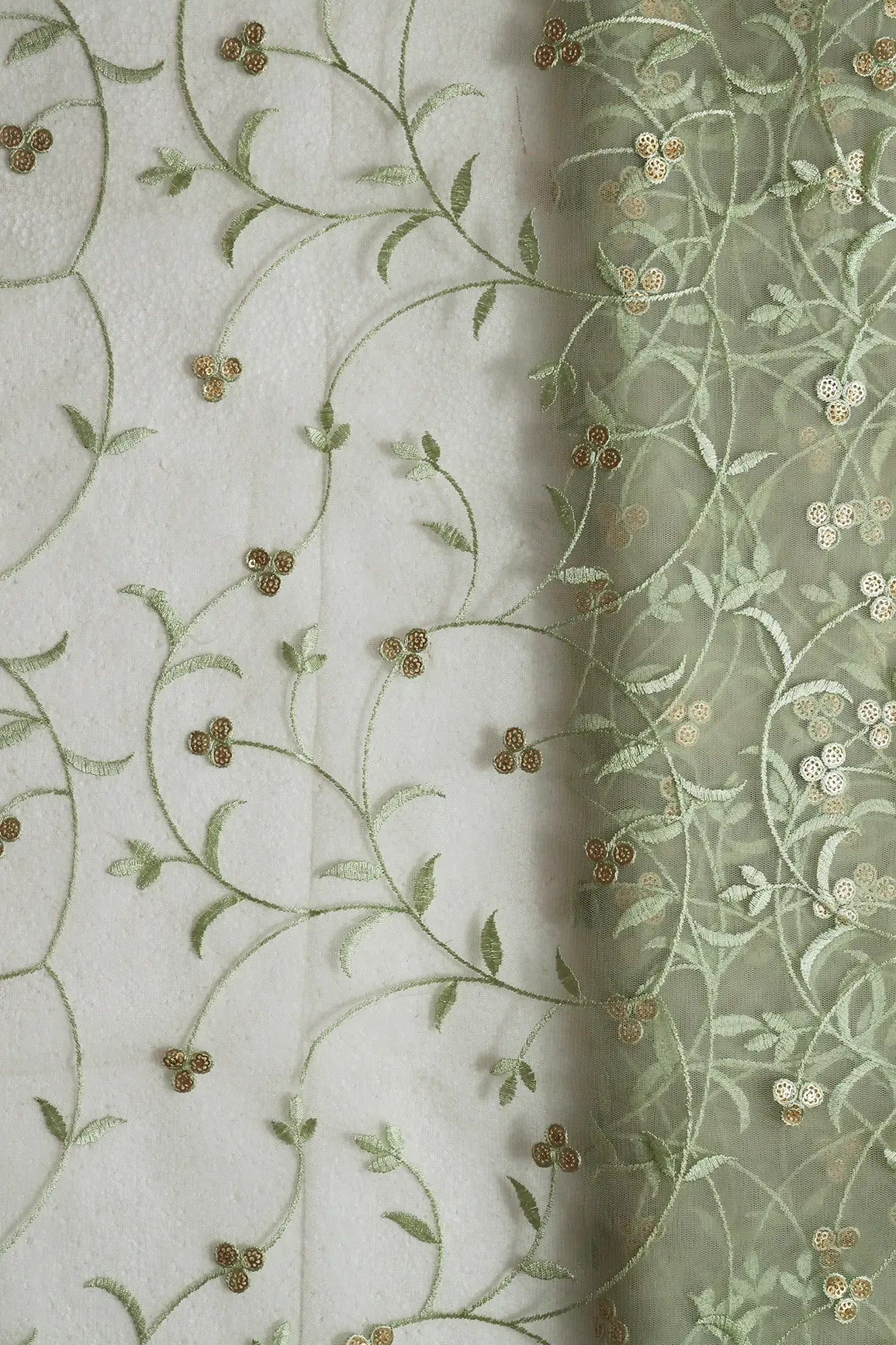 Olive Thread With Sequins Floral Leafy Embroidery Work On Light Olive Soft Net Fabric