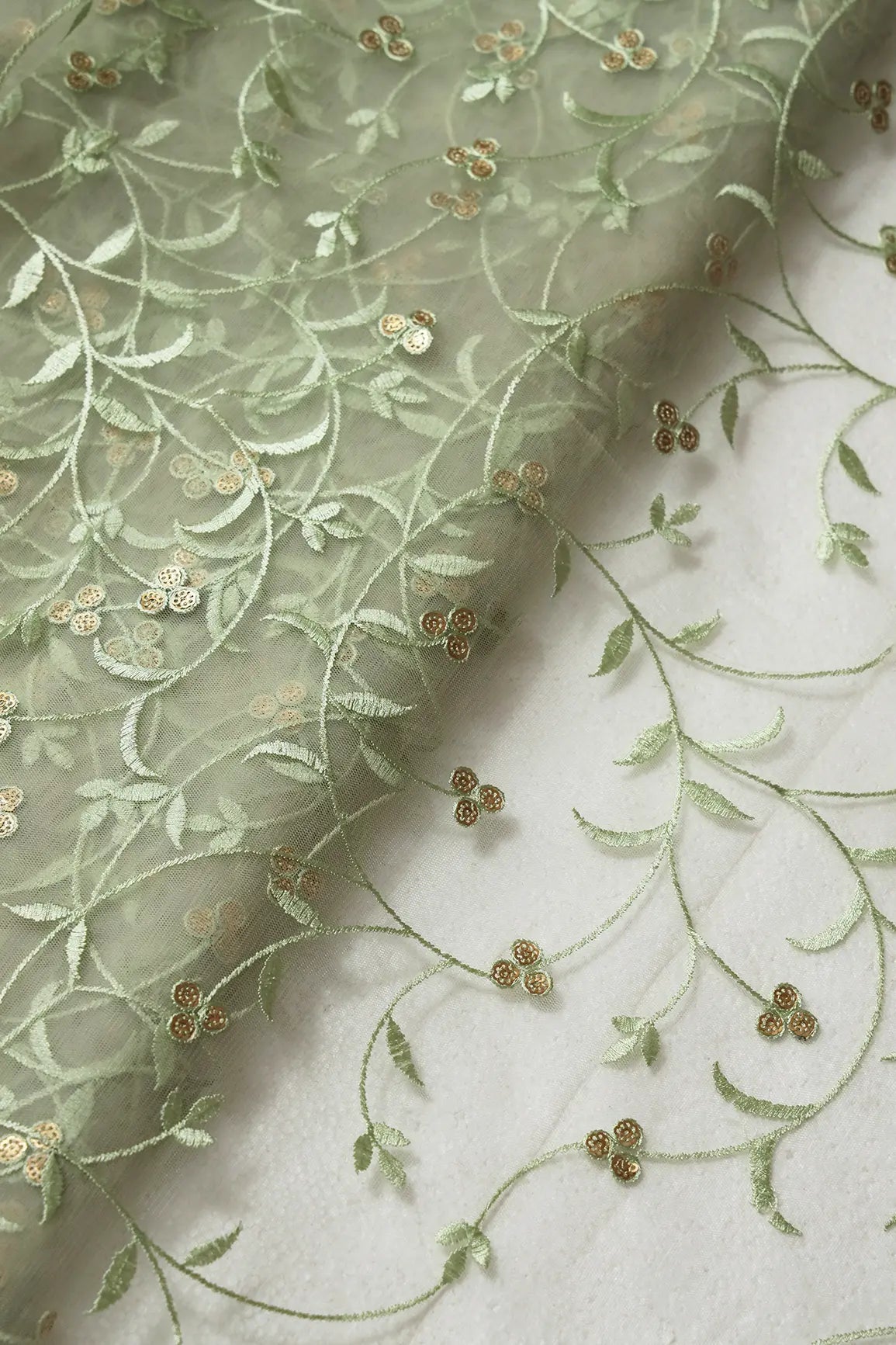 Olive Thread With Sequins Floral Leafy Embroidery Work On Light Olive Soft Net Fabric