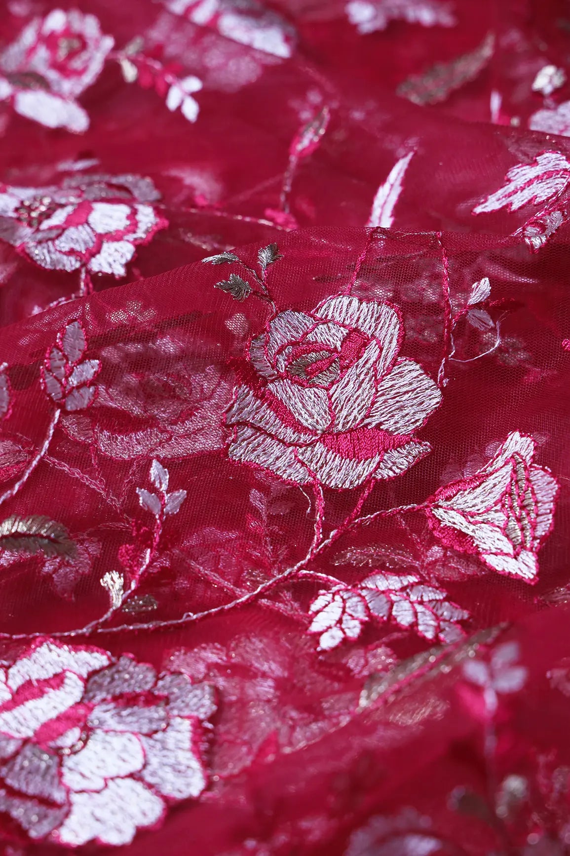 Heavy Floral Beige And Cherry Red Thread Work Embroidery On Cherry Red Soft Net Fabric