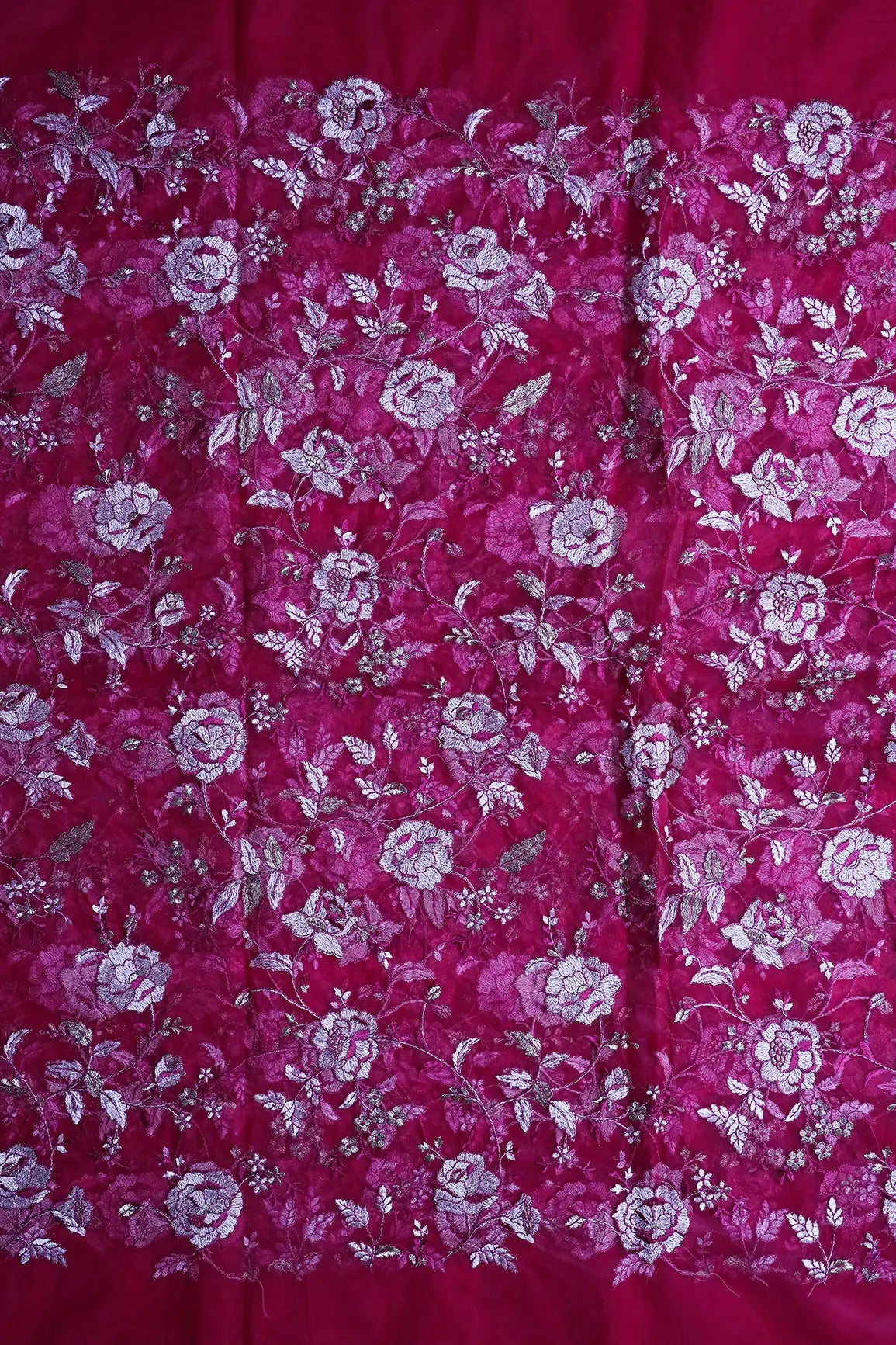 Heavy Floral Beige And Fuchsia Thread Work  Embroidery On Fuchsia Soft Net Fabric