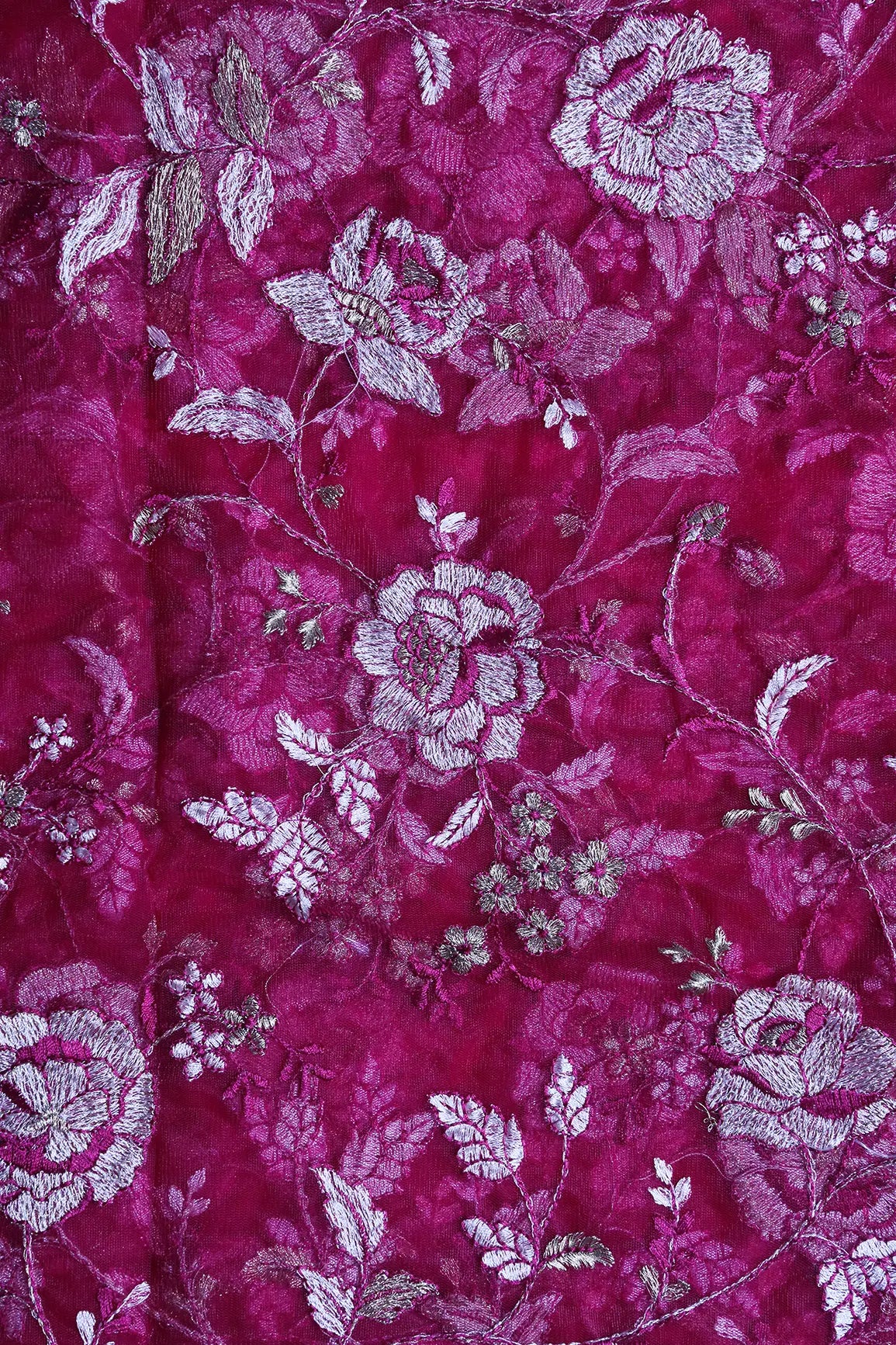 Heavy Floral Beige And Fuchsia Thread Work  Embroidery On Fuchsia Soft Net Fabric