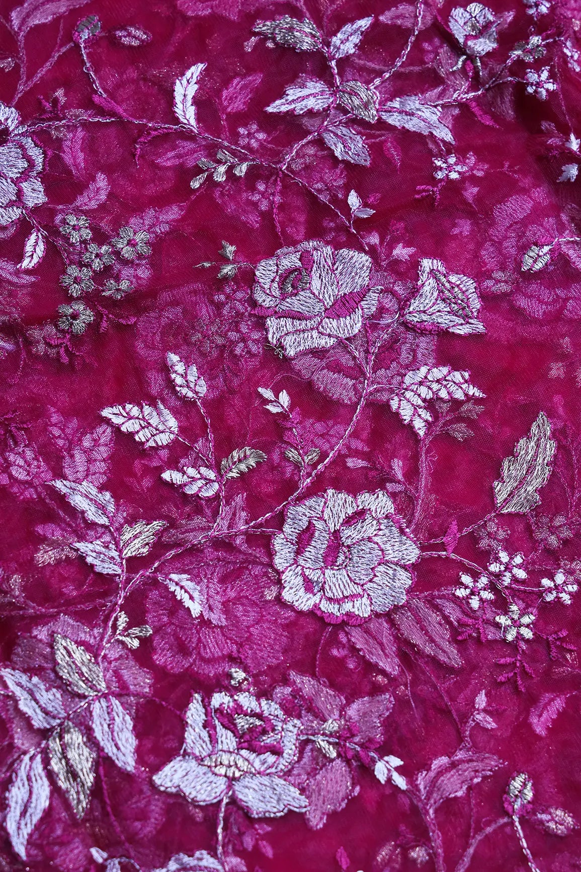 Heavy Floral Beige And Fuchsia Thread Work  Embroidery On Fuchsia Soft Net Fabric