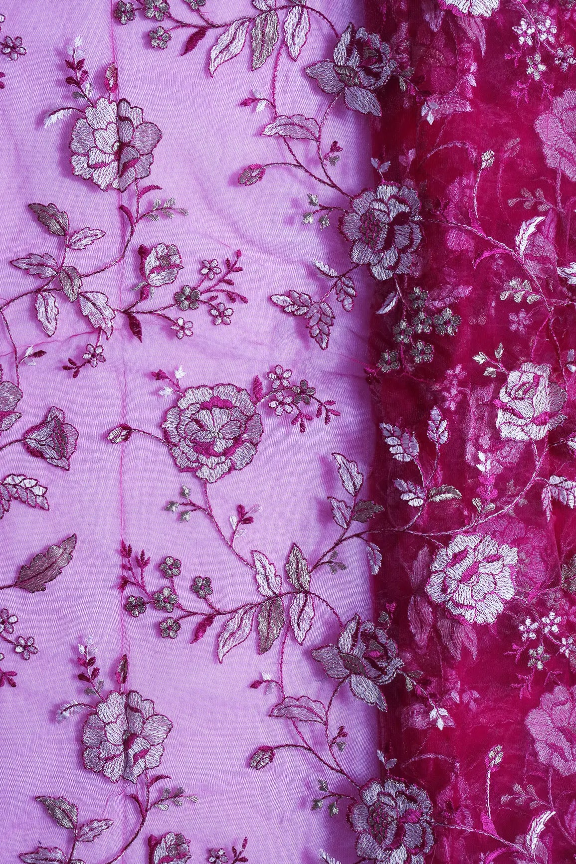 Heavy Floral Beige And Fuchsia Thread Work  Embroidery On Fuchsia Soft Net Fabric