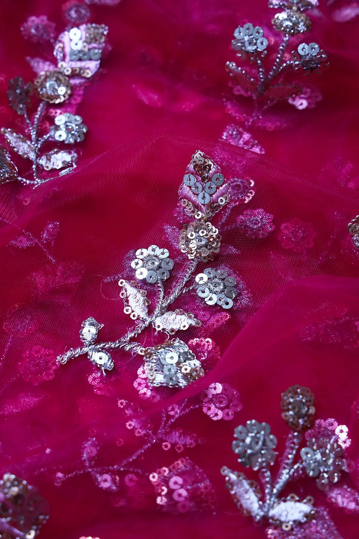 Copper And Gold Sequins Floral Embroidery On Fuchsia Soft Net Fabric