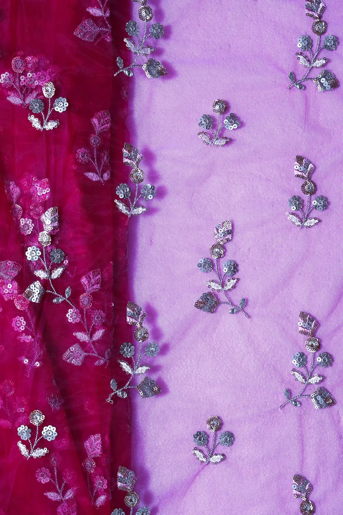 Copper And Gold Sequins Floral Embroidery On Fuchsia Soft Net Fabric