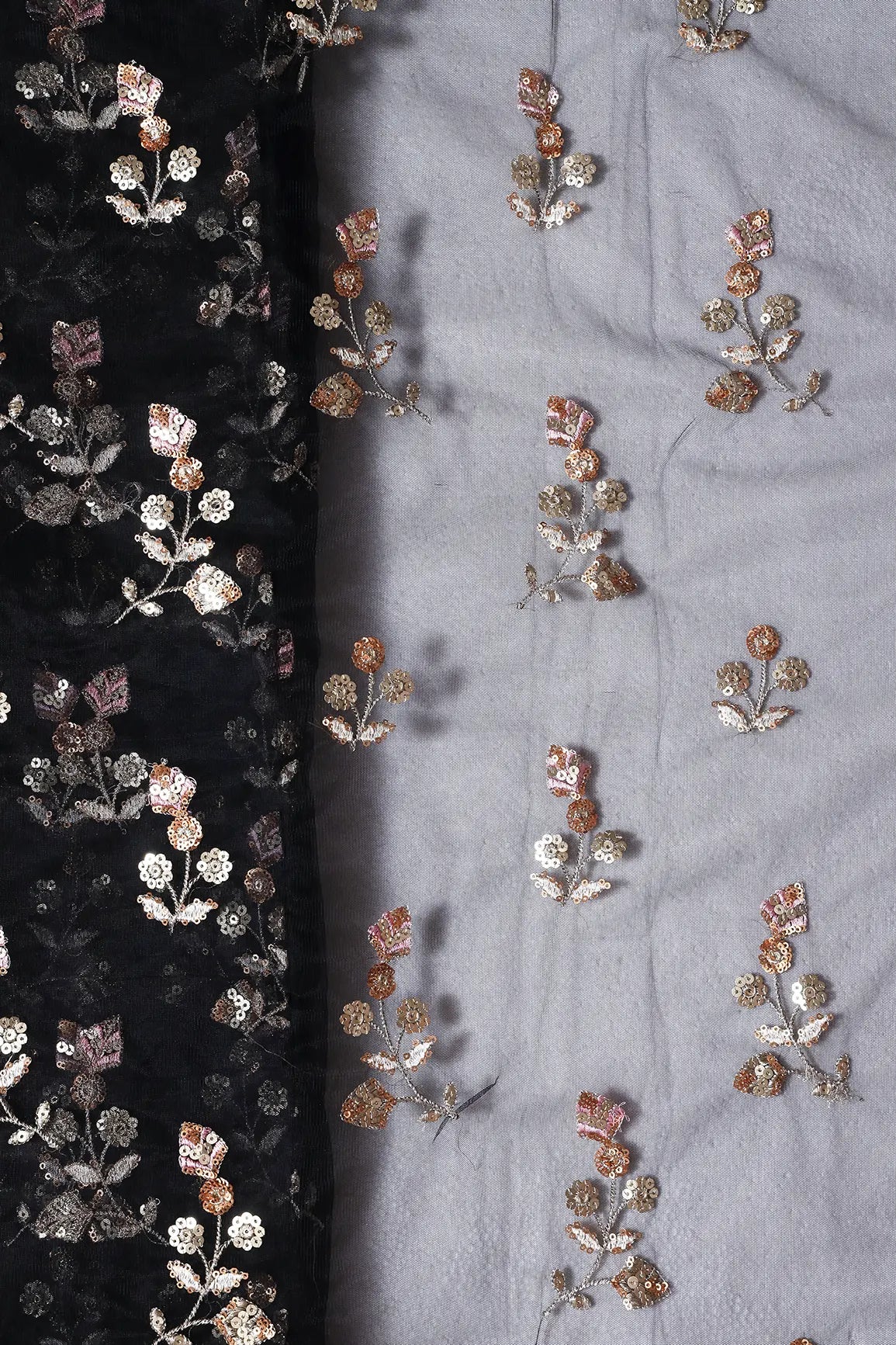 Copper And Gold Sequins Floral Embroidery On Black Soft Net Fabric