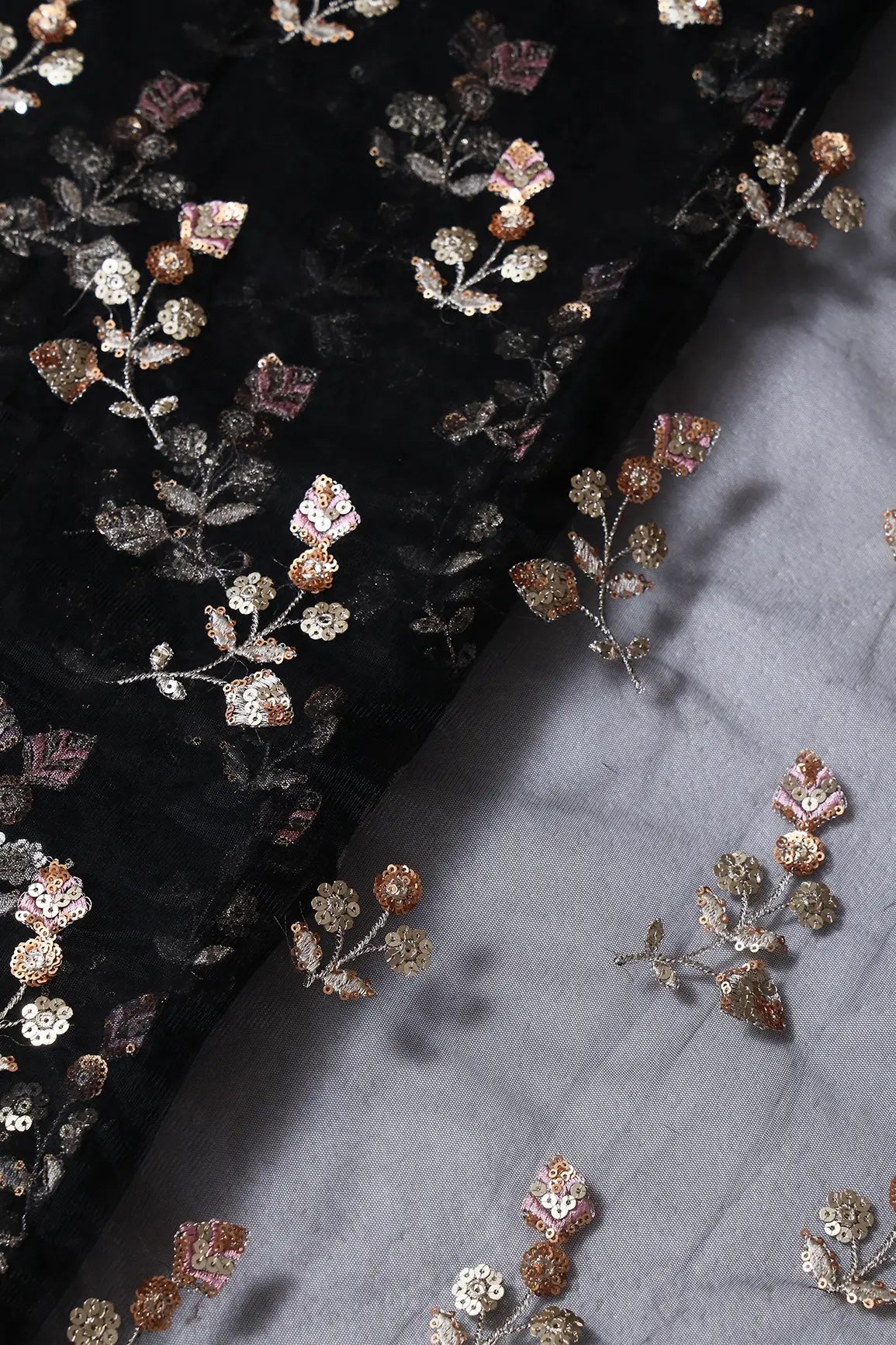 Copper And Gold Sequins Floral Embroidery On Black Soft Net Fabric