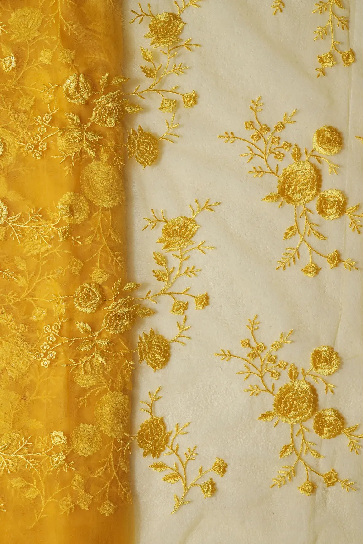 Yellow Thread With Sequins Floral Embroidery On Yellow Soft Net Fabric