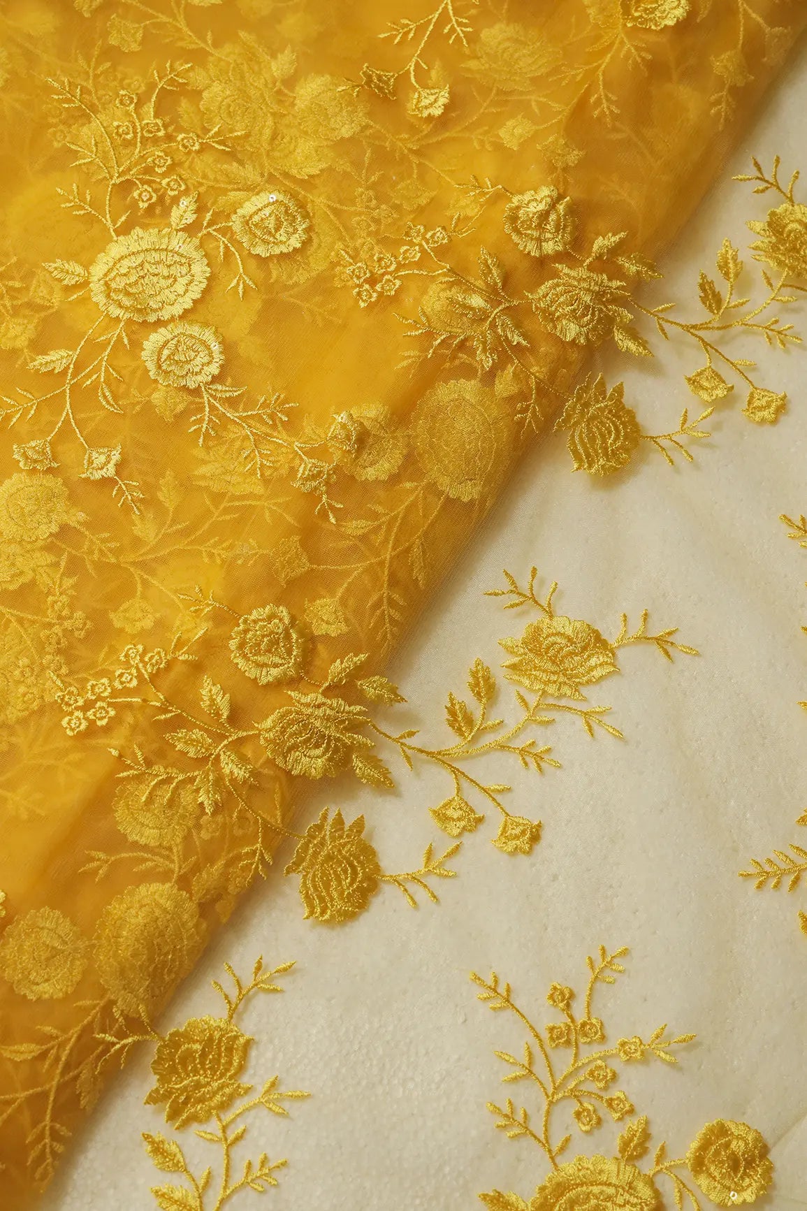 Yellow Thread With Sequins Floral Embroidery On Yellow Soft Net Fabric