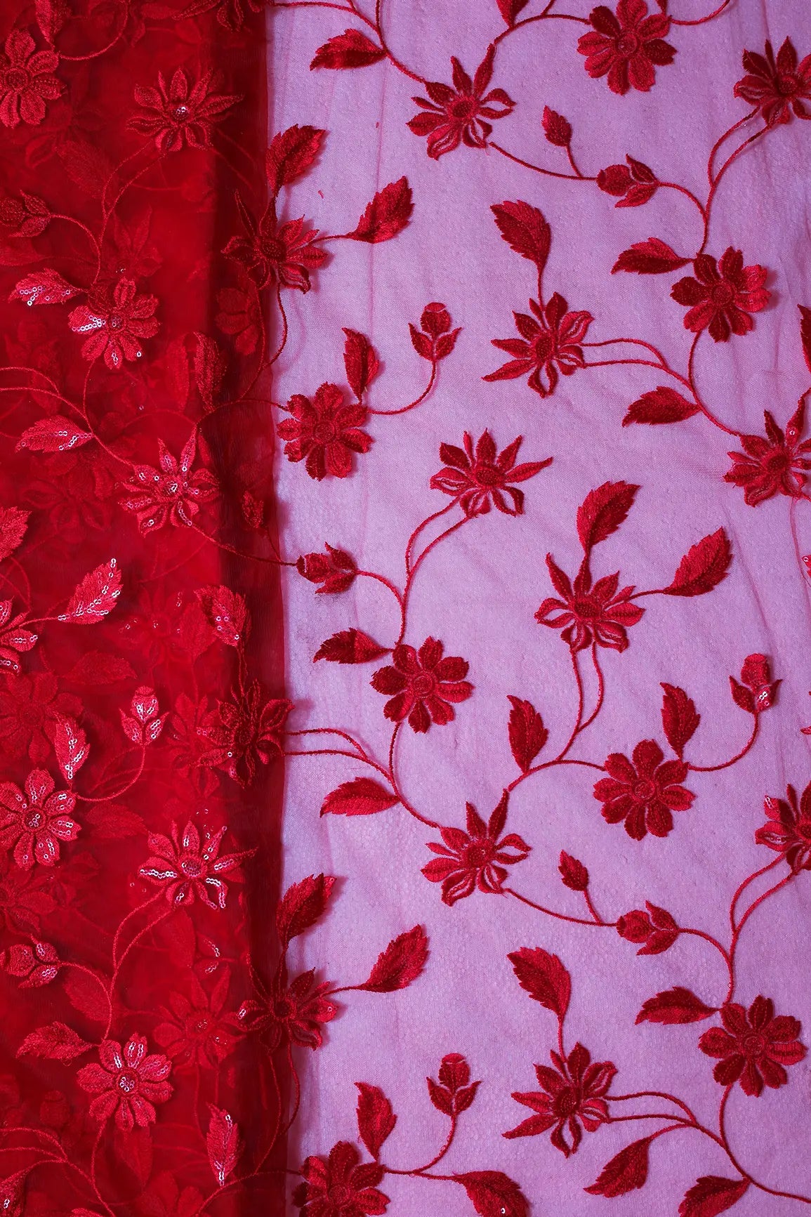 Red Thread With Red Sequins Floral Embroidery On Red Soft Net Fabric