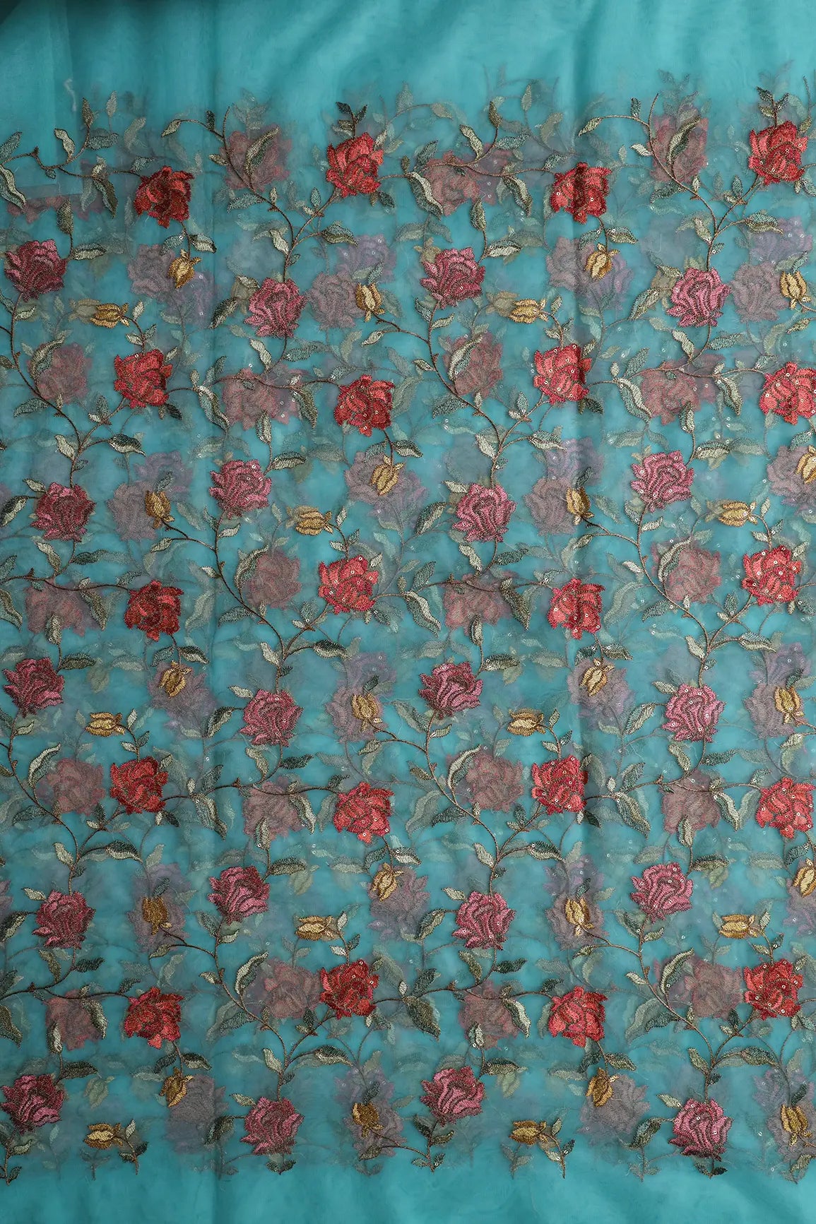 Multi Thread With Sequins Floral Embroidery Work On Teal Soft Net Fabric