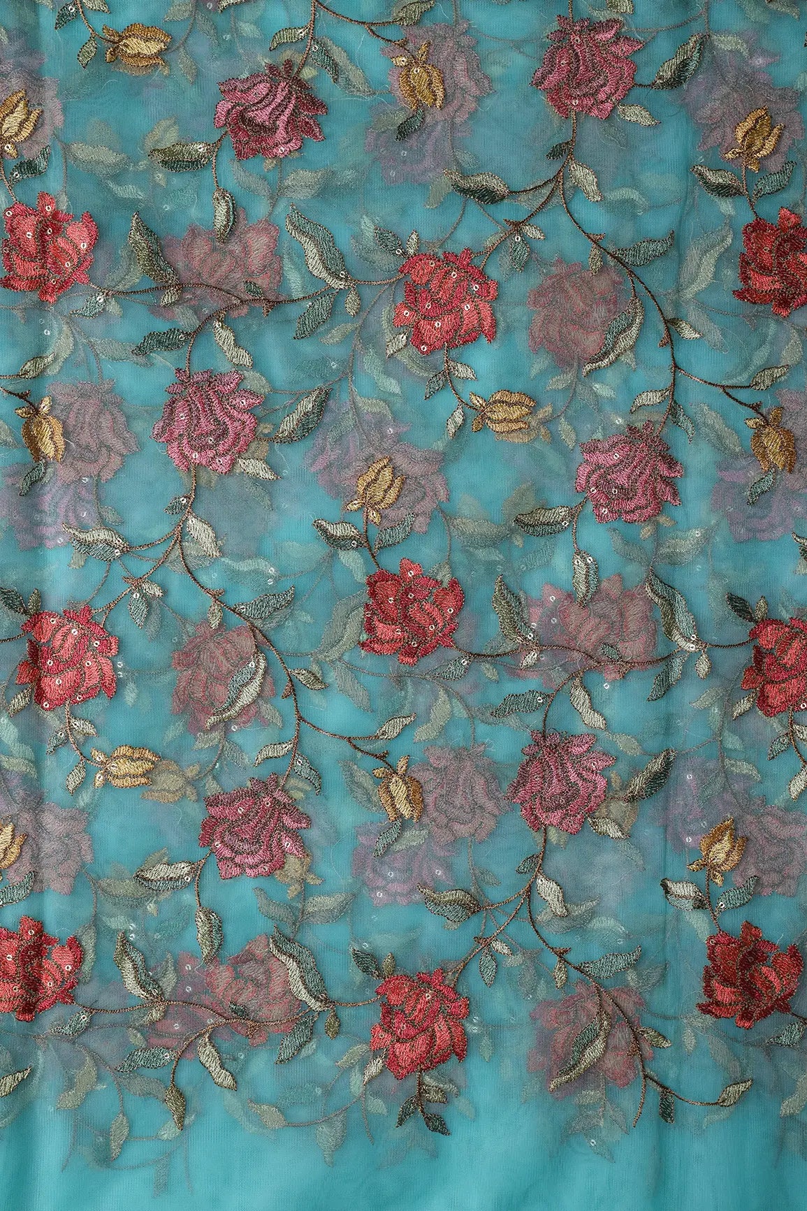 Multi Thread With Sequins Floral Embroidery Work On Teal Soft Net Fabric