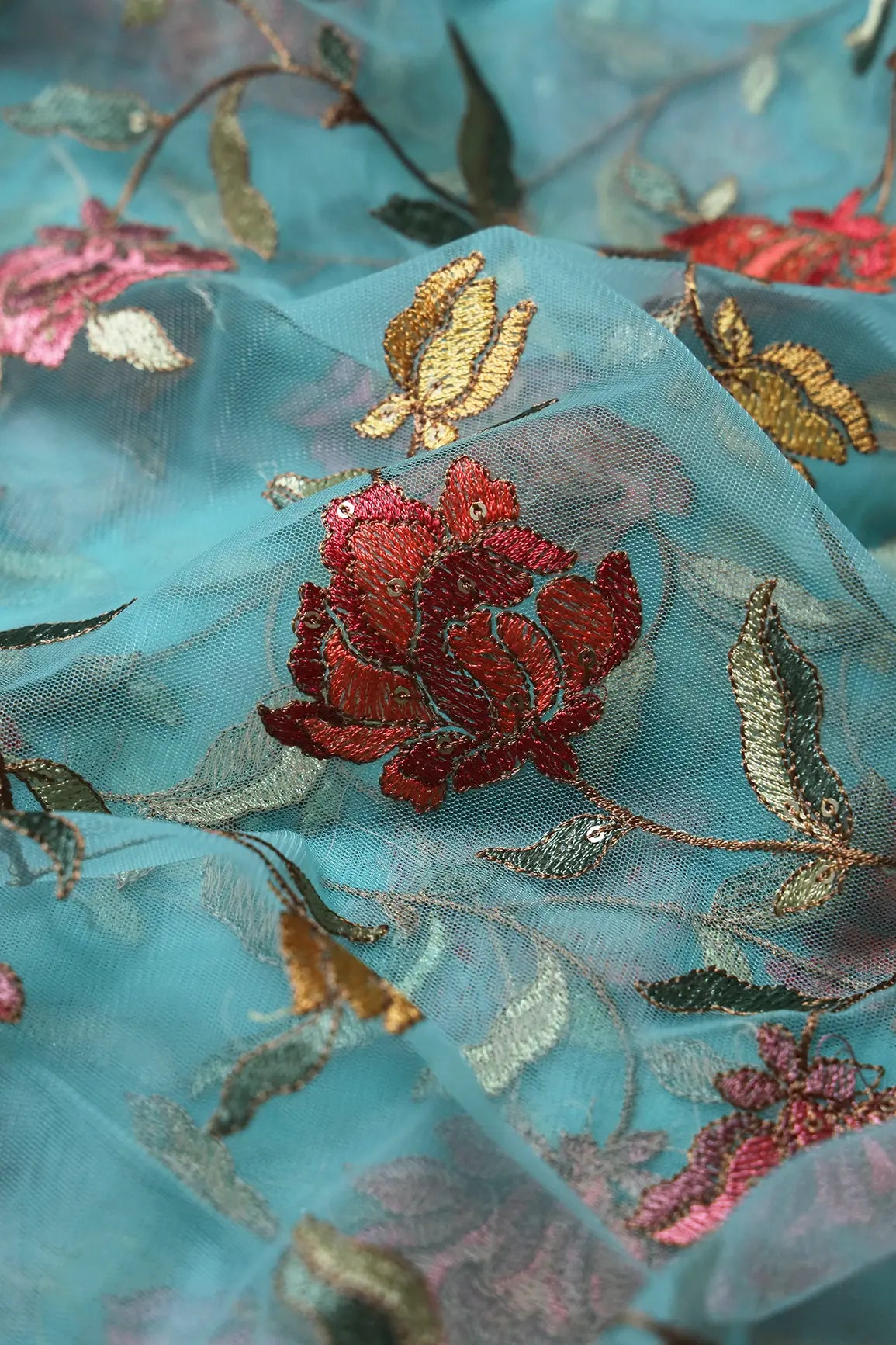 Multi Thread With Sequins Floral Embroidery Work On Teal Soft Net Fabric