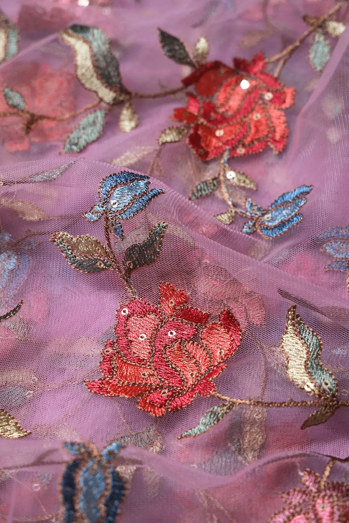 Multi Thread With Sequins Floral Embroidery Work On Lilac Soft Net Fabric