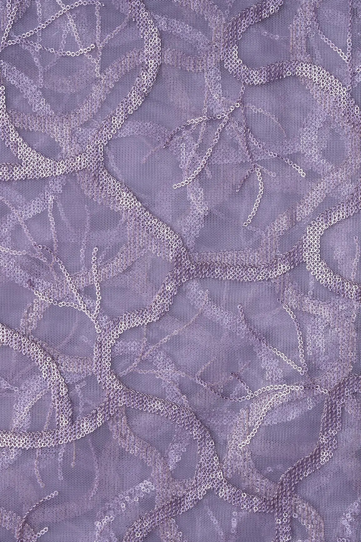 Light Lilac Sequins Abstract Embroidery On Lilac Soft Net Fabric