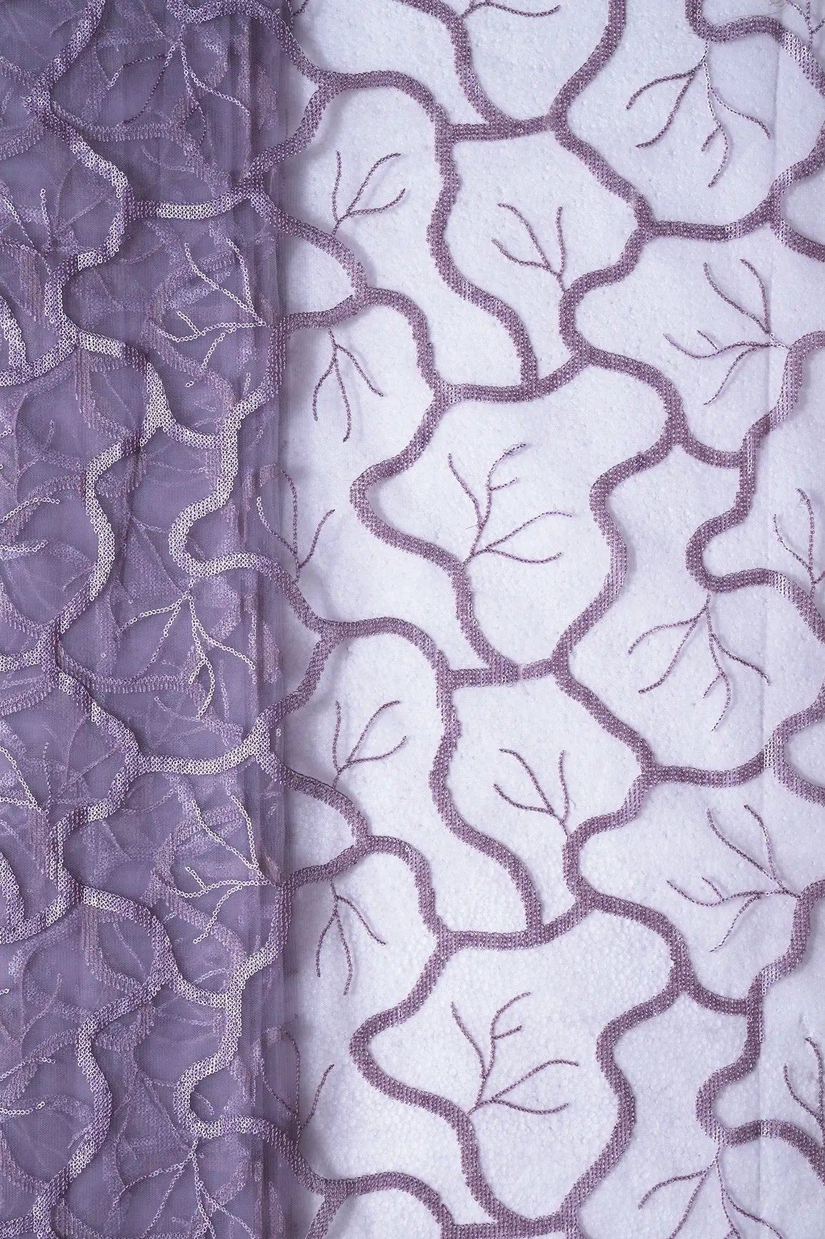 Light Lilac Sequins Abstract Embroidery On Lilac Soft Net Fabric