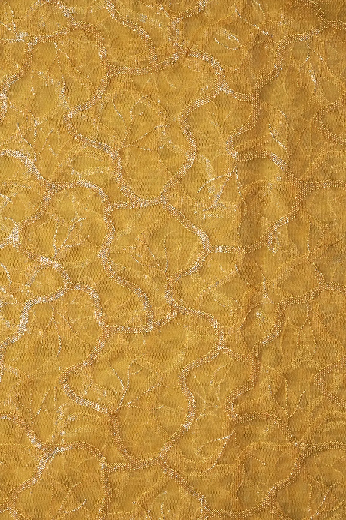 Water Sequins Abstract Embroidery On Yellow Soft Net Fabric