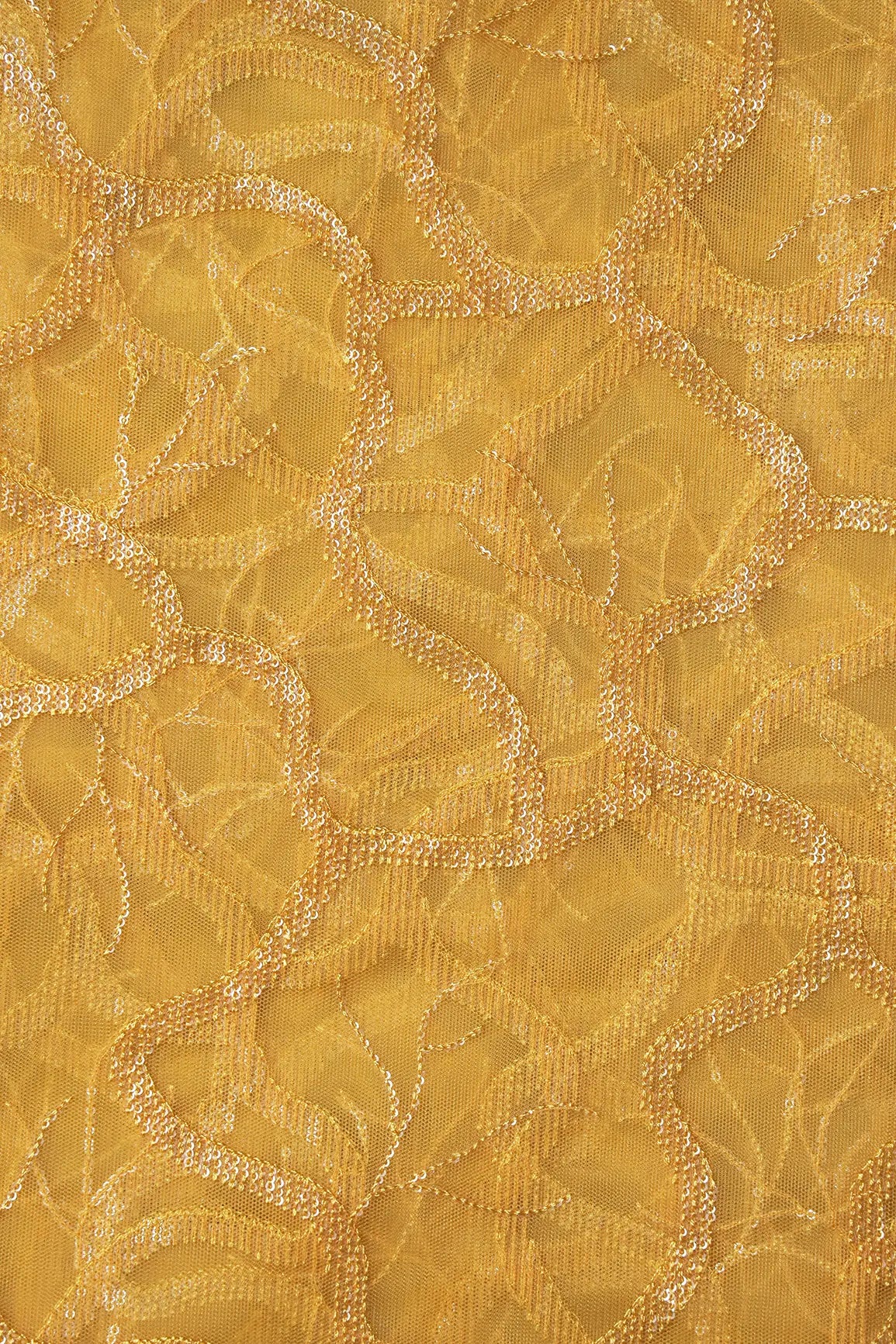 Water Sequins Abstract Embroidery On Yellow Soft Net Fabric