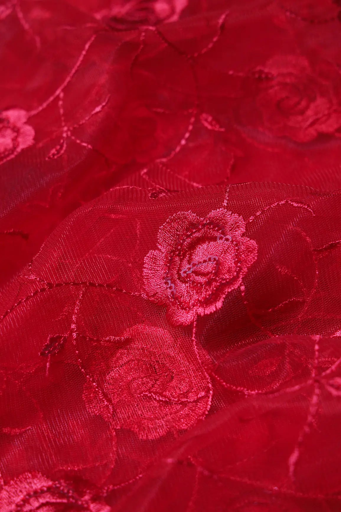 Red Sequins With Red Thread Floral Embroidery On Red Soft Net Fabric