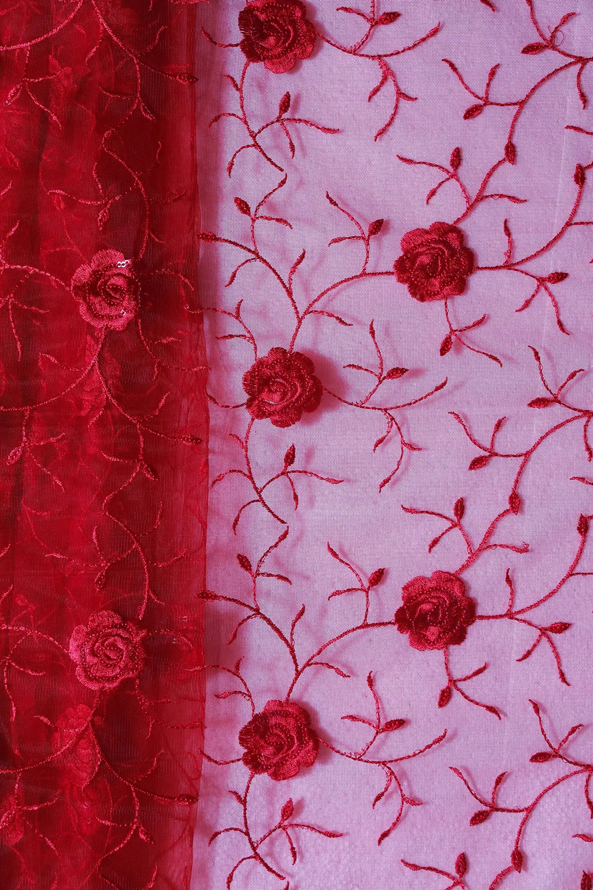 Red Sequins With Red Thread Floral Embroidery On Red Soft Net Fabric