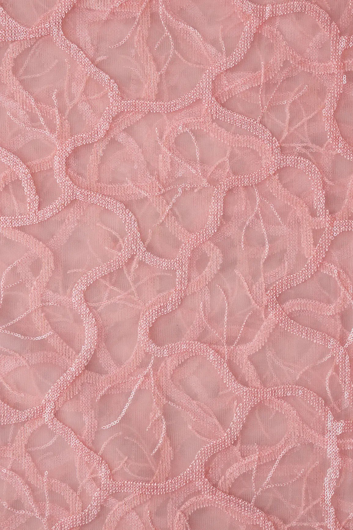 Pink Thread With Water Sequins Abstract Embroidery Work On Baby Pink Soft Net Fabric