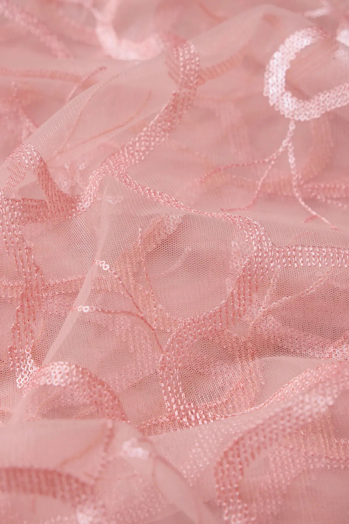 Pink Thread With Water Sequins Abstract Embroidery Work On Baby Pink Soft Net Fabric