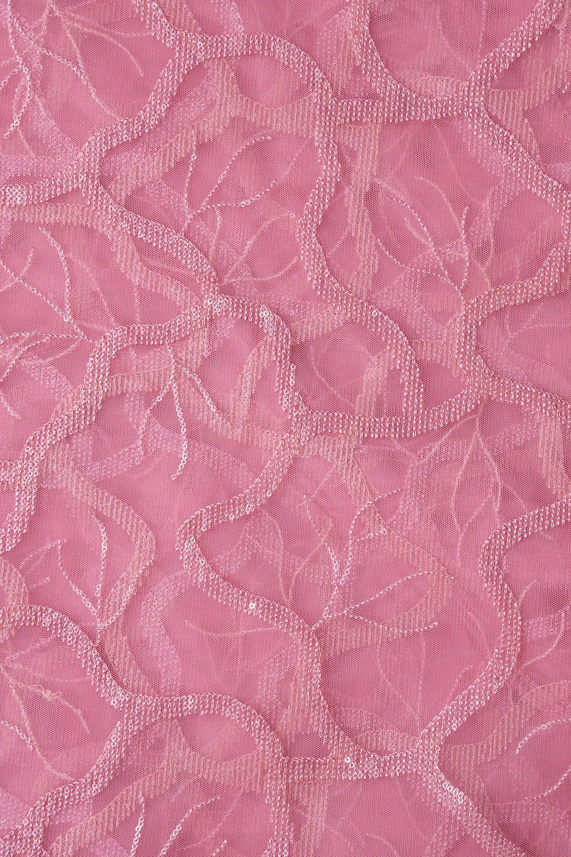 Pink Thread With Water Sequins Abstract Embroidery Work On Pink Soft Net Fabric