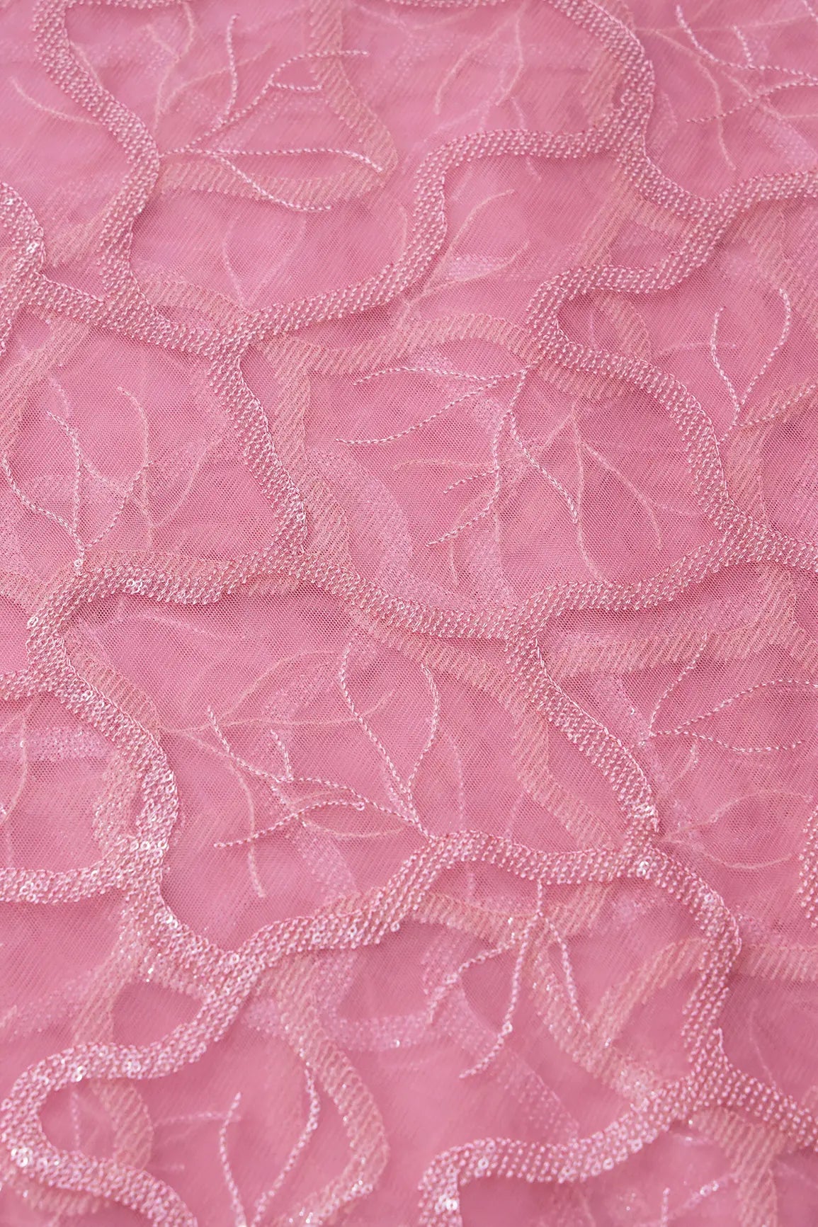 Pink Thread With Water Sequins Abstract Embroidery Work On Pink Soft Net Fabric