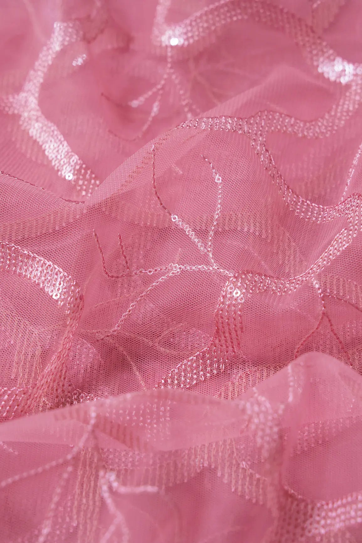 Pink Thread With Water Sequins Abstract Embroidery Work On Pink Soft Net Fabric