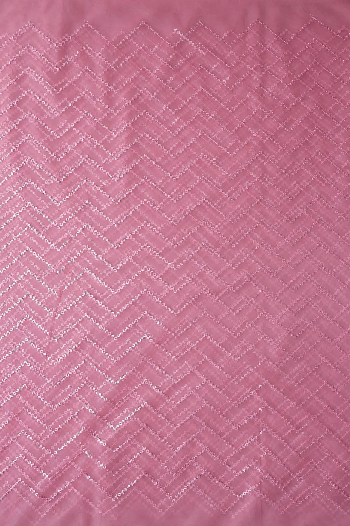 Silver Matt Sequins Chevron Embroidery Work On Pink Soft Net Fabric