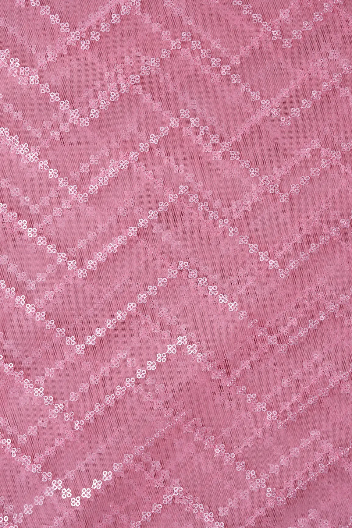 Silver Matt Sequins Chevron Embroidery Work On Pink Soft Net Fabric