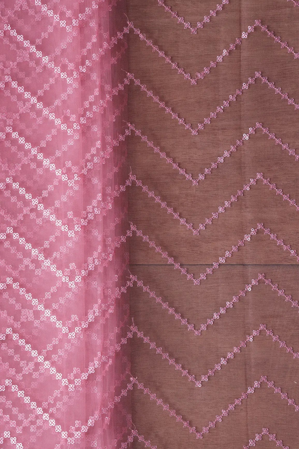 Silver Matt Sequins Chevron Embroidery Work On Pink Soft Net Fabric