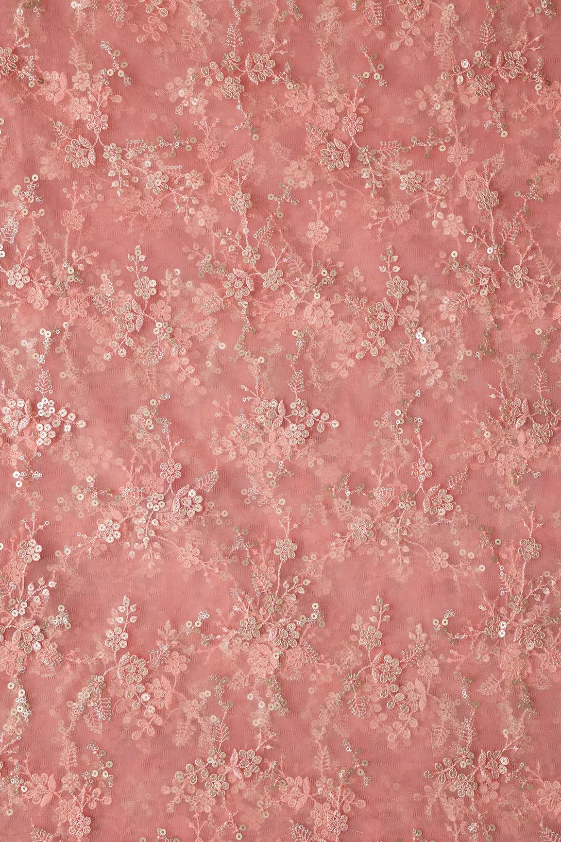 Gold Sequins With Thread Work Floral Embroidery On Pink Soft Net Fabric