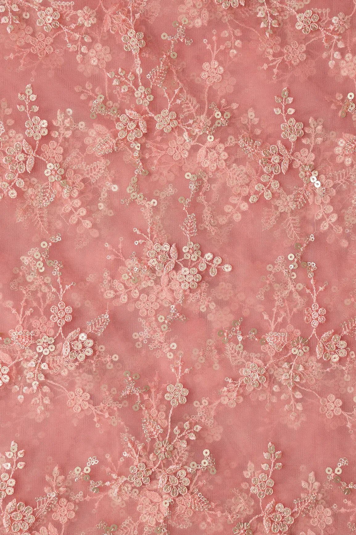 Gold Sequins With Thread Work Floral Embroidery On Pink Soft Net Fabric