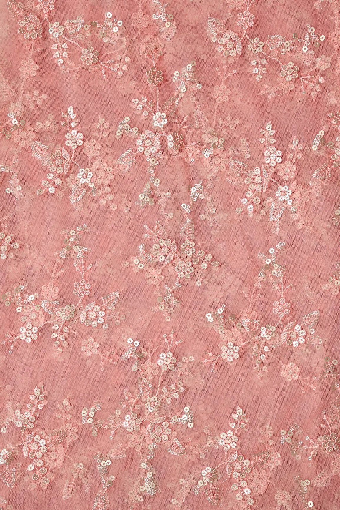 Gold Sequins With Thread Work Floral Embroidery On Pink Soft Net Fabric