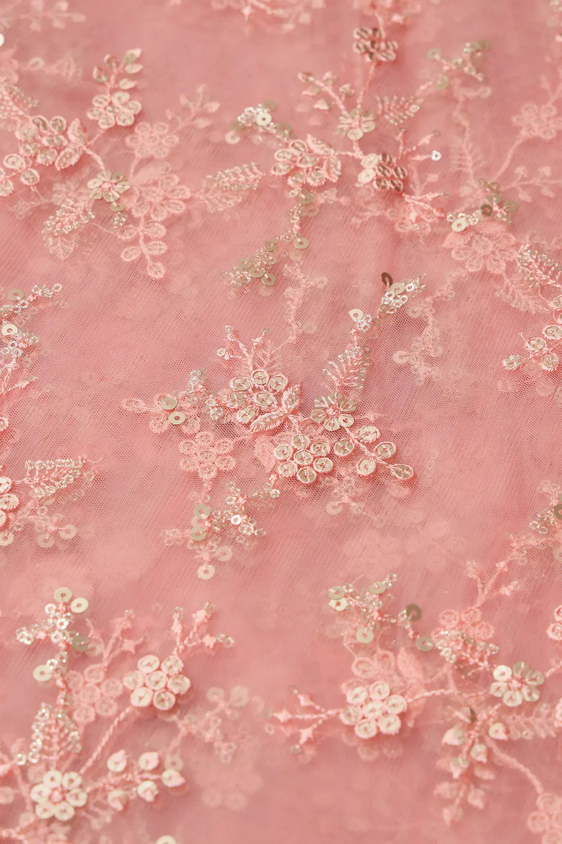 Gold Sequins With Thread Work Floral Embroidery On Pink Soft Net Fabric