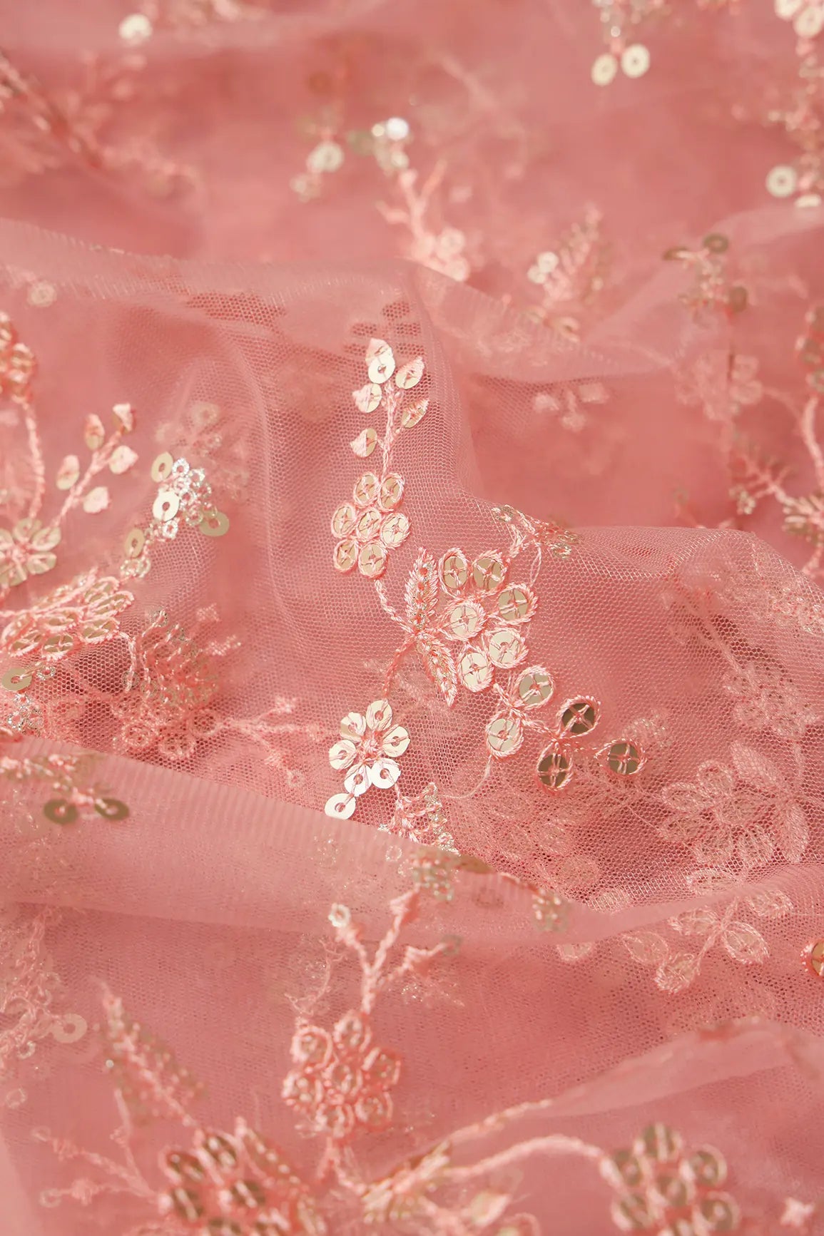 Gold Sequins With Thread Work Floral Embroidery On Pink Soft Net Fabric