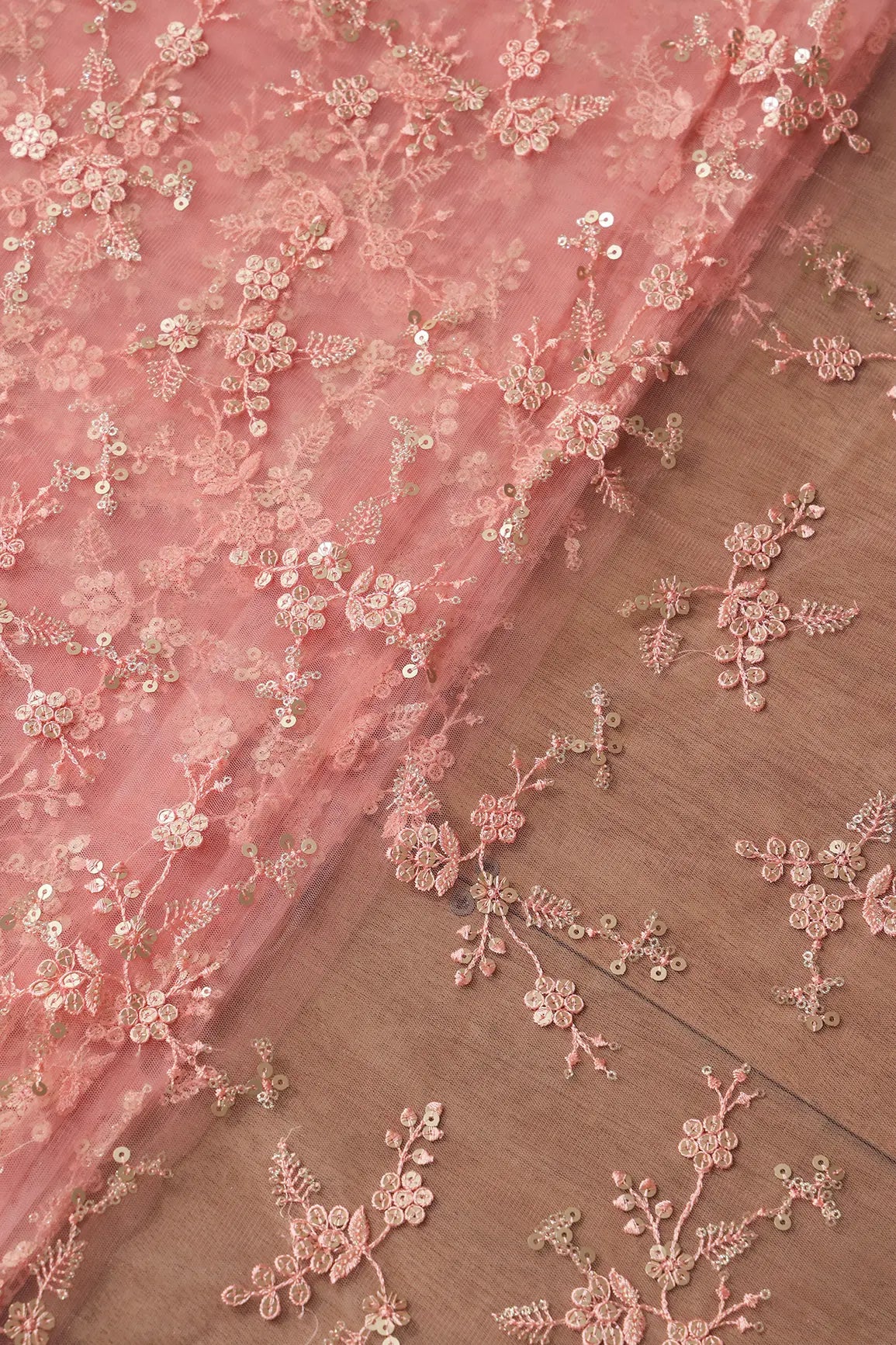 Gold Sequins With Thread Work Floral Embroidery On Pink Soft Net Fabric