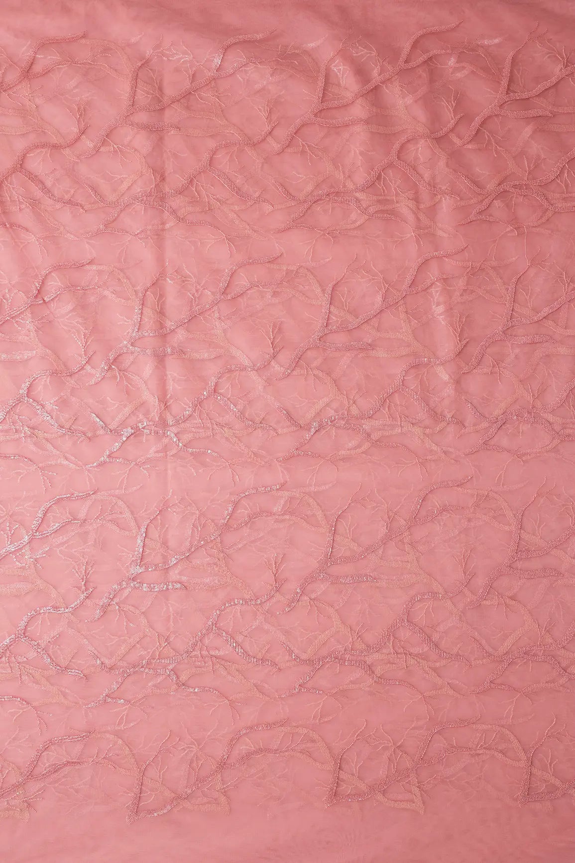 Pink Thread With Water Sequins Abstract Embroidery Work On Pink Soft Net Fabric