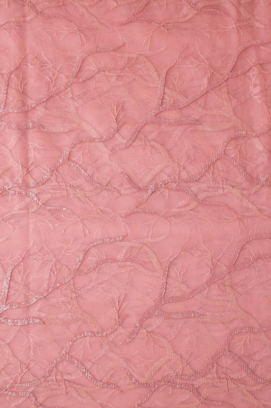 Pink Thread With Water Sequins Abstract Embroidery Work On Pink Soft Net Fabric