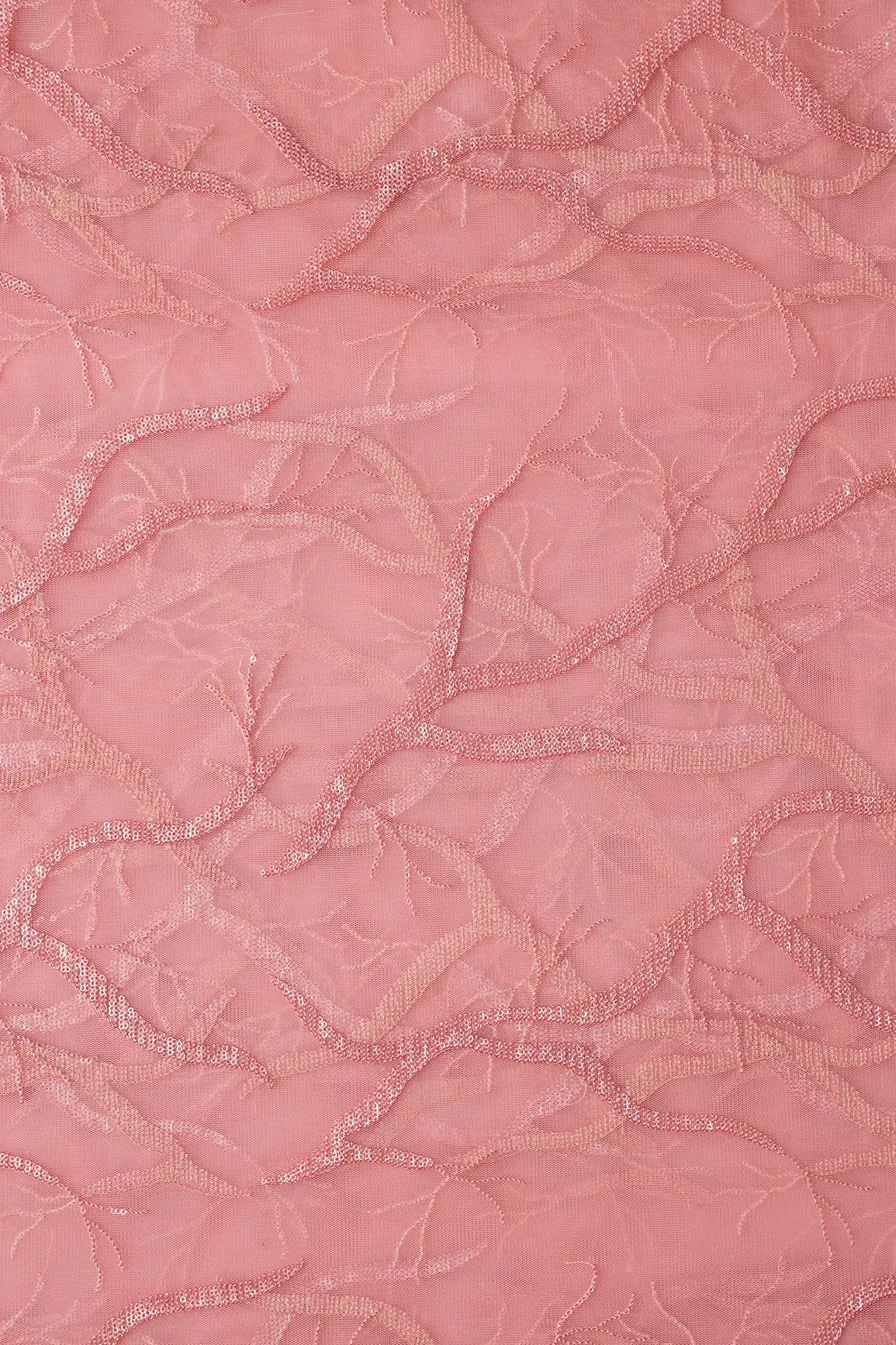 Pink Thread With Water Sequins Abstract Embroidery Work On Pink Soft Net Fabric