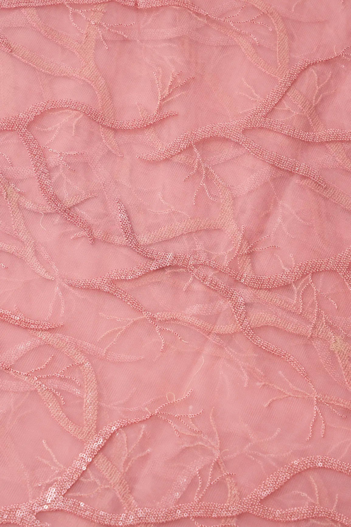 Pink Thread With Water Sequins Abstract Embroidery Work On Pink Soft Net Fabric