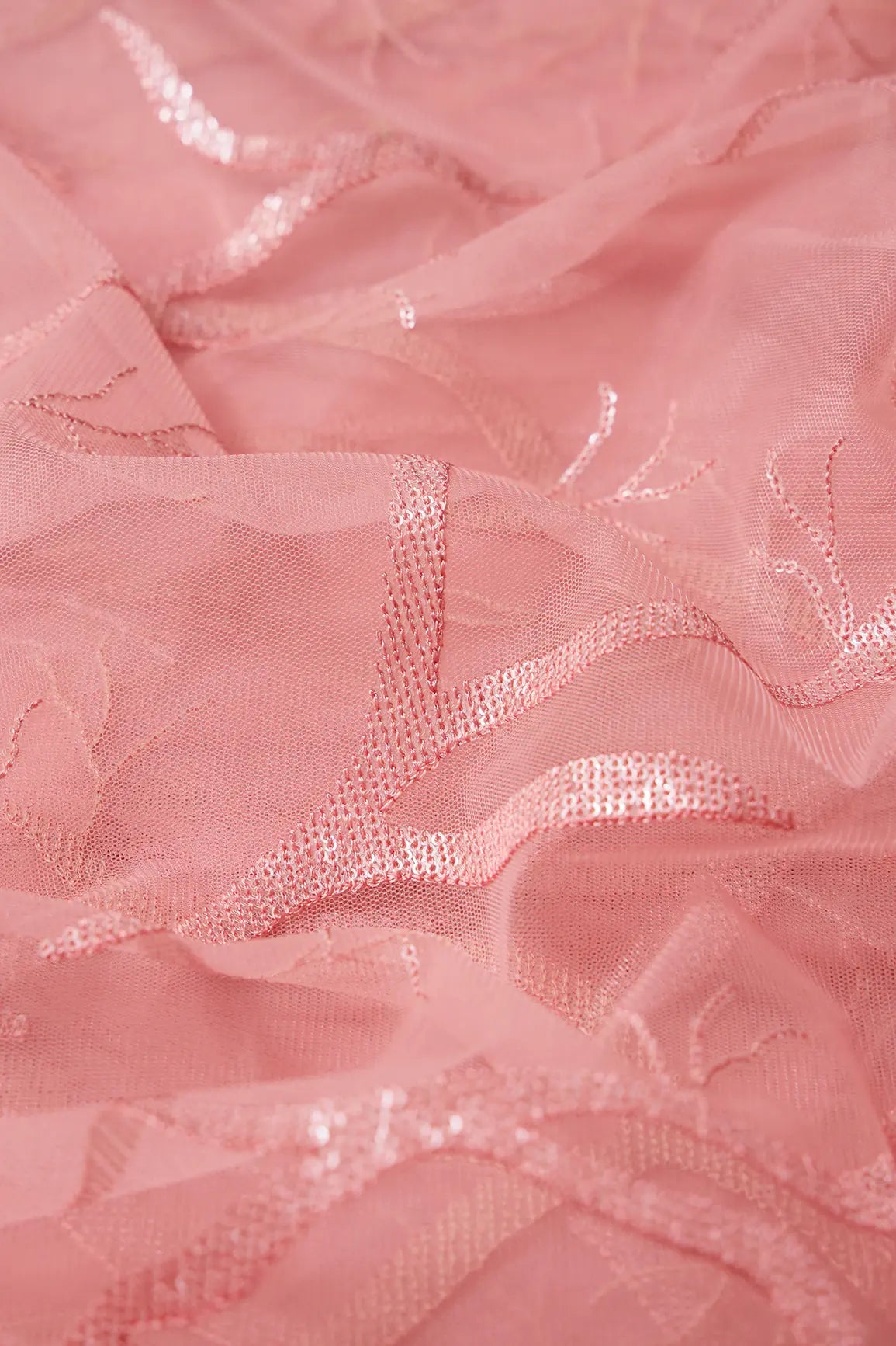 Pink Thread With Water Sequins Abstract Embroidery Work On Pink Soft Net Fabric