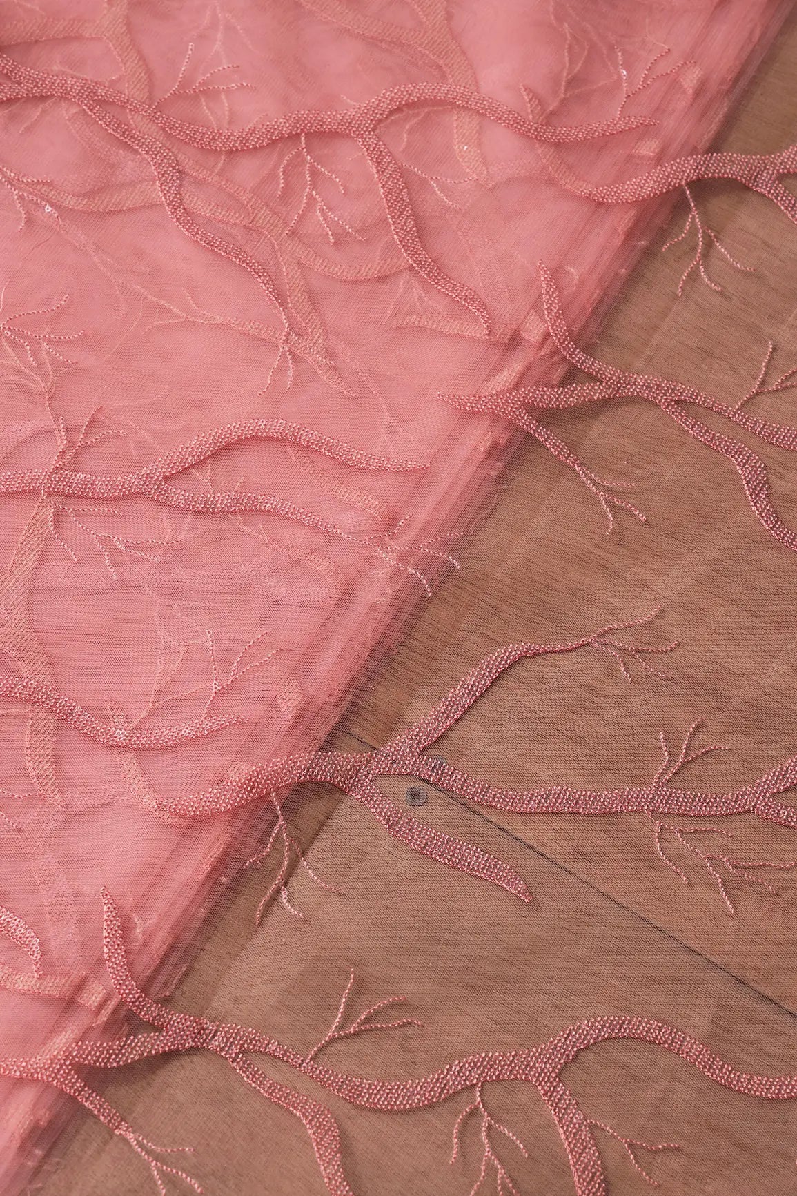 Pink Thread With Water Sequins Abstract Embroidery Work On Pink Soft Net Fabric